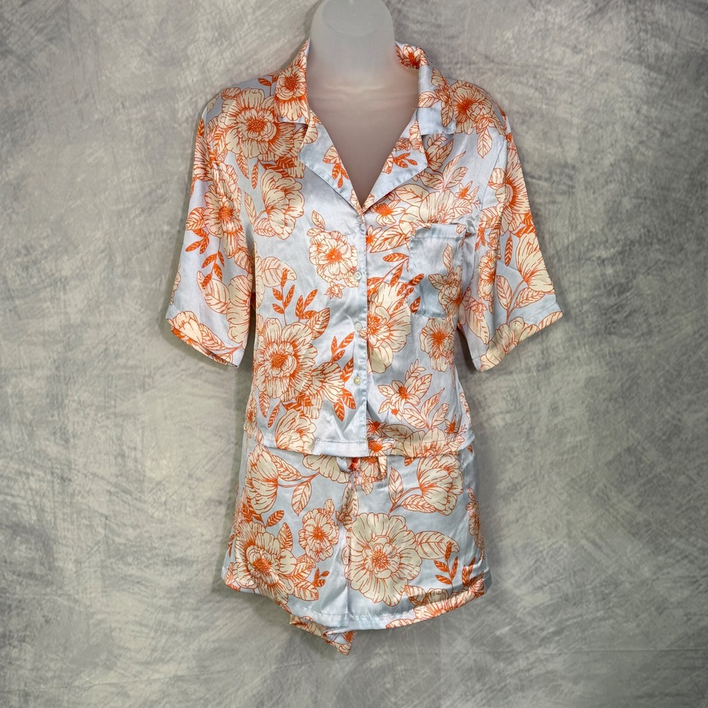 Joie‎ Womens sz L Light Blue Floral Pajamas Top Shorts satin pockets drawstring